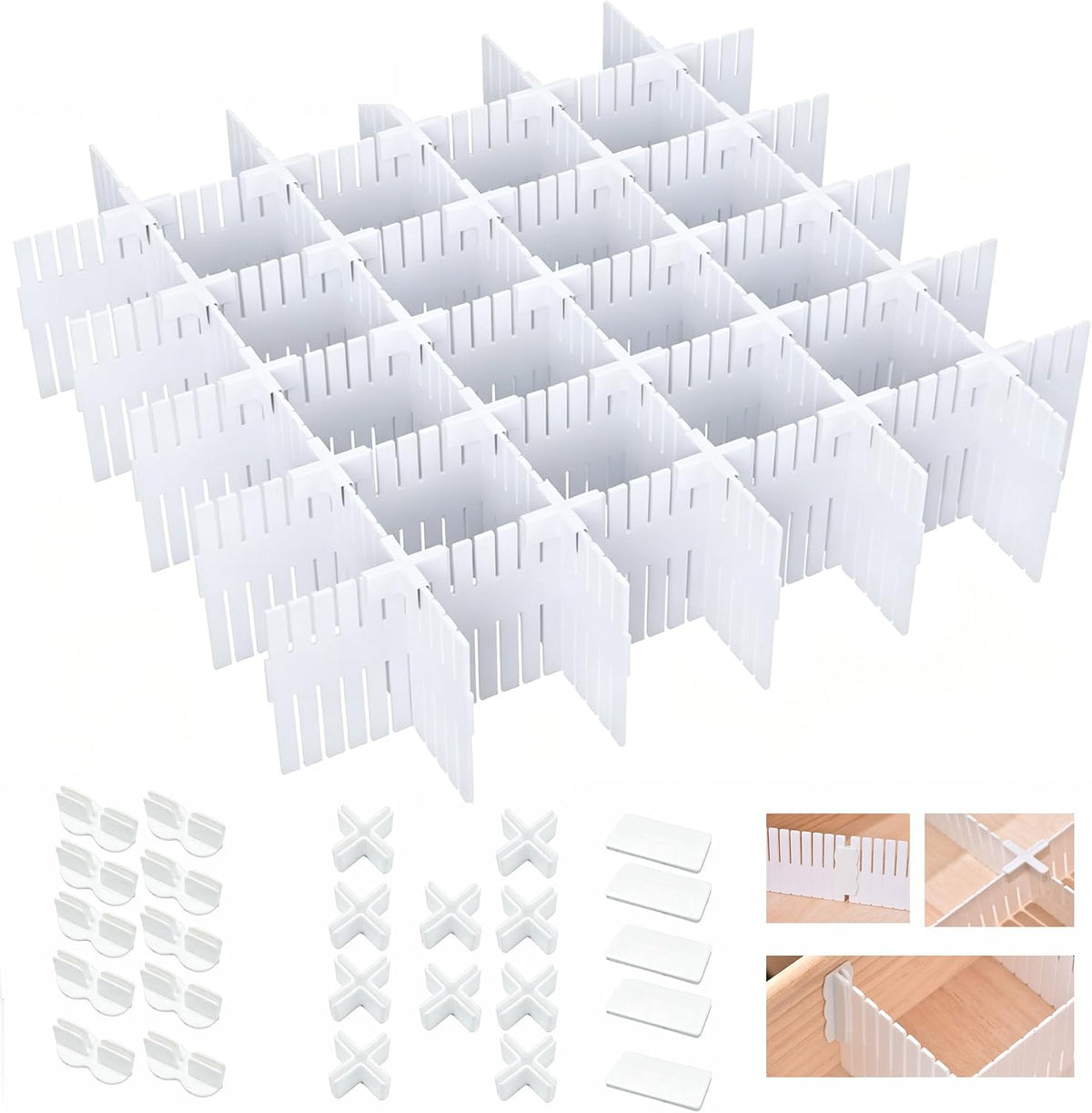 20 PCS Drawer Divider with 25 Accessories, Adjustable Drawer Organizer Inserts, 12.6" x 2.76" x 0.08" White Drawer Plastic Separators for Clothes, Kitchen, Bathroom, Office Storage
