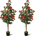 2-Pack 4FT Artificial Camellia Tree,Realistic Fake Potted Plants with Flowers&Planters,Indoor/Outdoor Faux Flowering Trees for Home,Office,Porch,Wedding,and Housewarming Gift Decor,Red