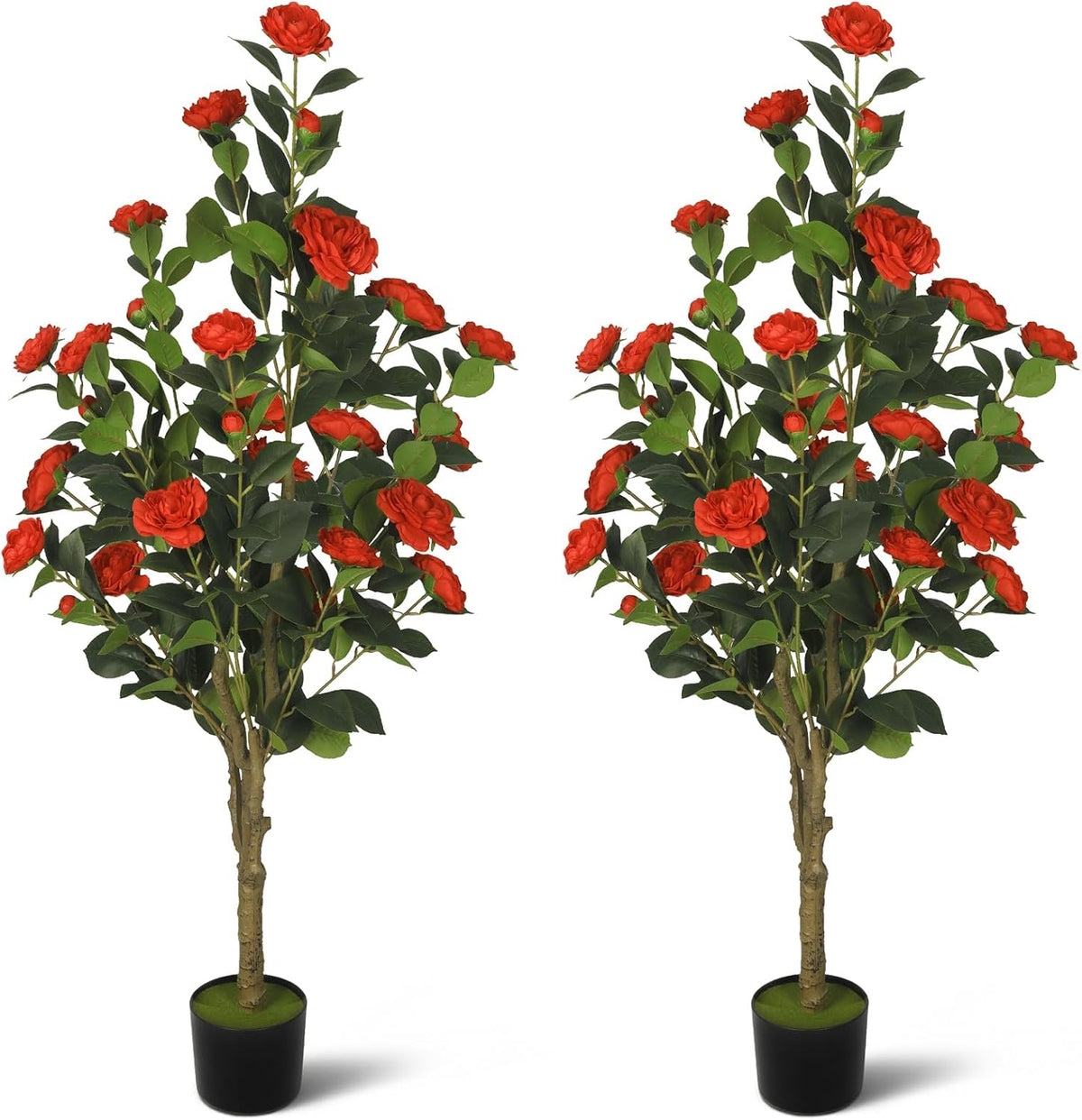 2-Pack 4FT Artificial Camellia Tree,Realistic Fake Potted Plants with Flowers&Planters,Indoor/Outdoor Faux Flowering Trees for Home,Office,Porch,Wedding,and Housewarming Gift Decor,Red