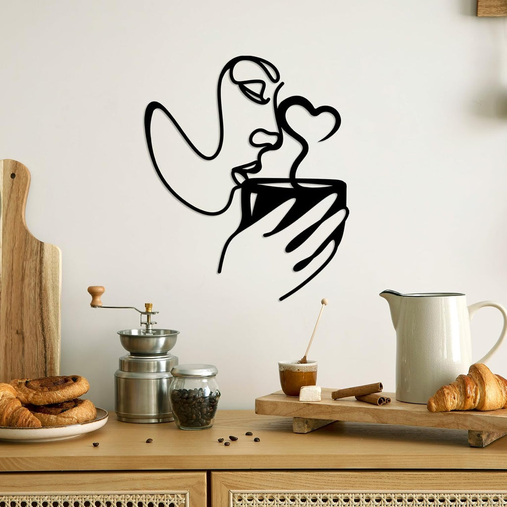 Oubasa Metal Wall Art Decor - 3D Black Metal Coffee Wall Art Bar Sign Decor, Woman Drinking Coffees Sculptures, Minimalist Wall Art for Kitchen Home Office Living Room Bedroom
