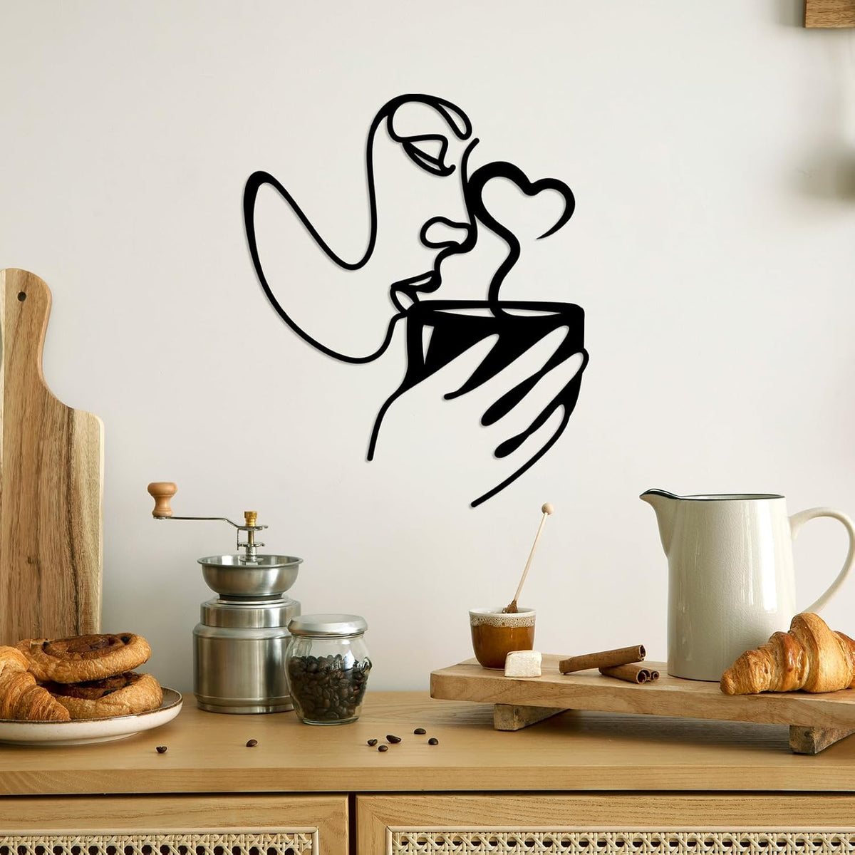 Oubasa Metal Wall Art Decor - 3D Black Metal Coffee Wall Art Bar Sign Decor, Woman Drinking Coffees Sculptures, Minimalist Wall Art for Kitchen Home Office Living Room Bedroom