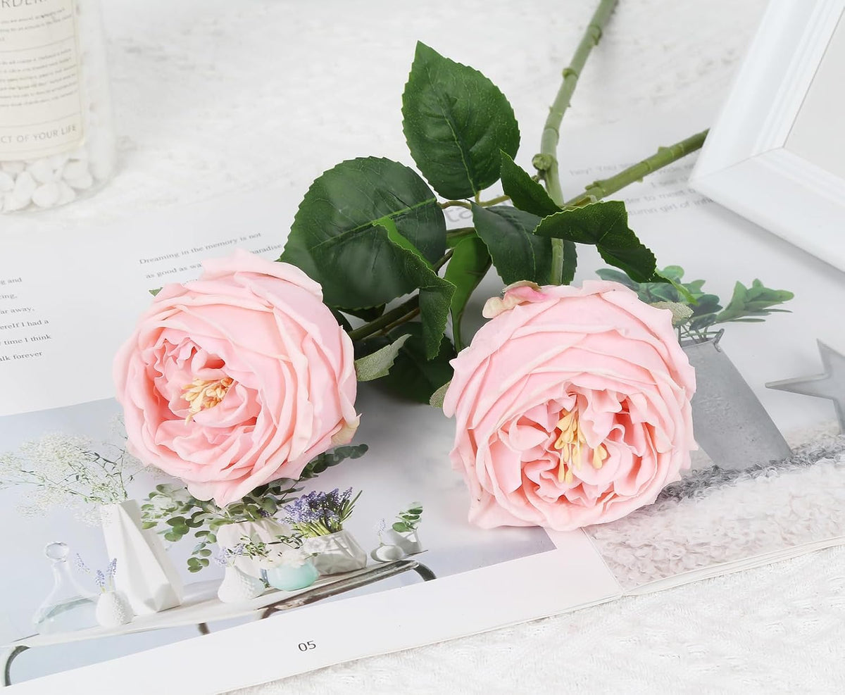 IPOPU Real Touch Rose Artificial Flowers 5PCS Faux Pink Peonies Realistic Roses with Stem for Wedding Bouquet Party Home Decor (Pink)