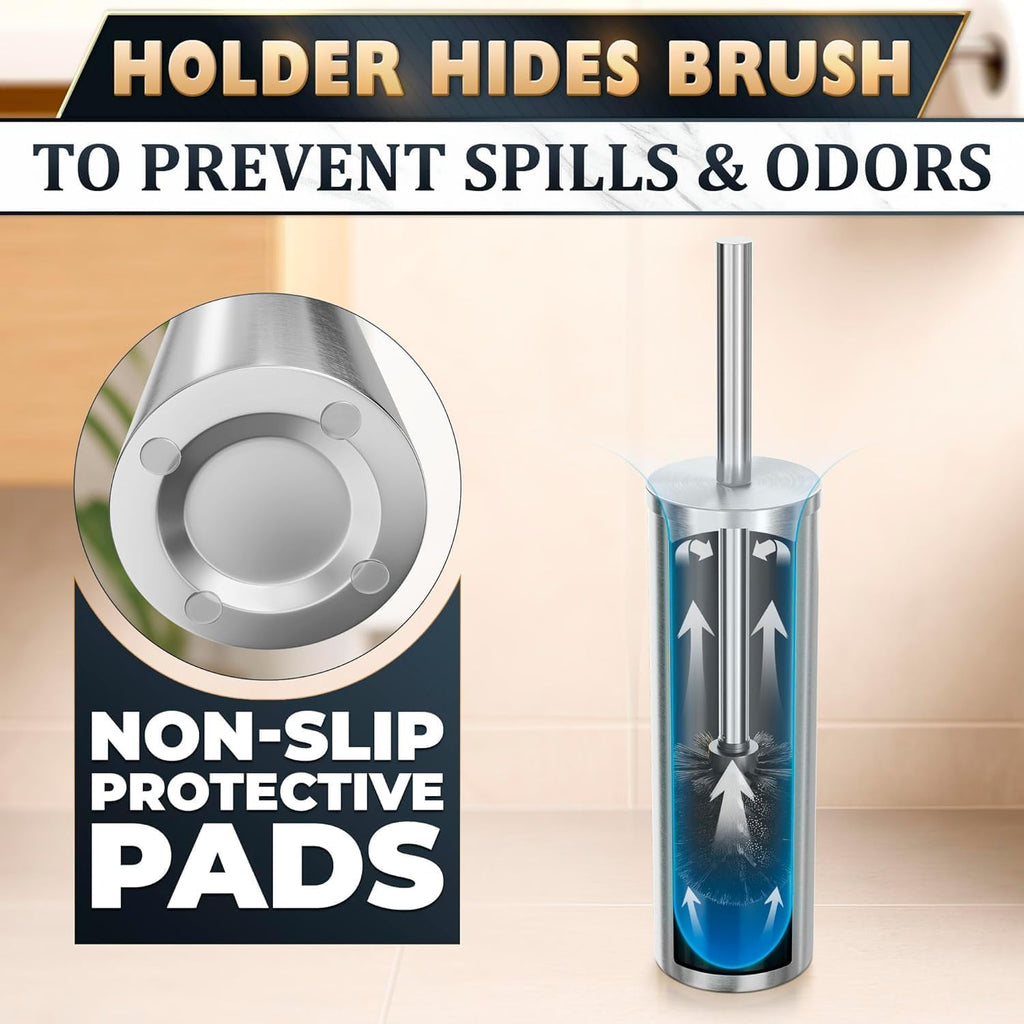 Silver Toilet Brush and Holder Set, Freestanding, Splash Protection