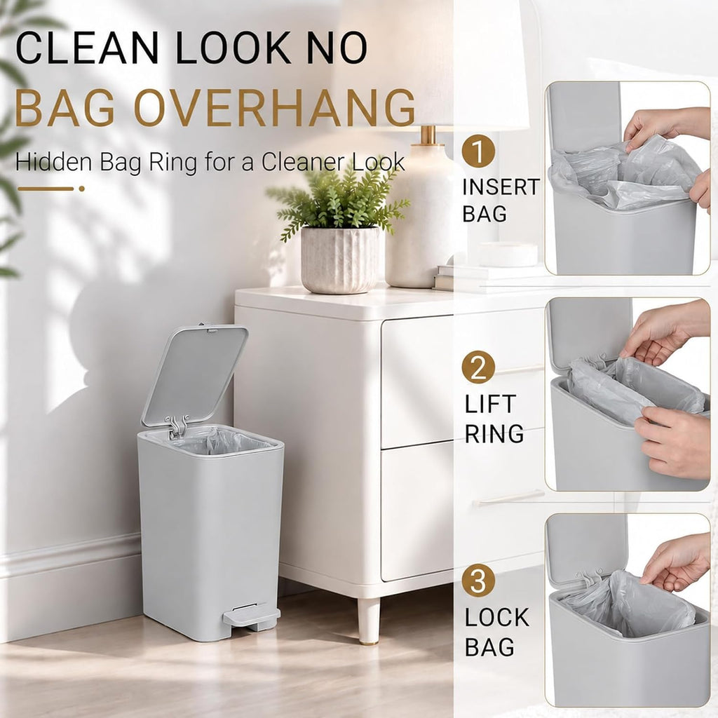 Small Bathroom Trash Can with Lid, Slim Garbage Can, 2.1 Gallon, Gray