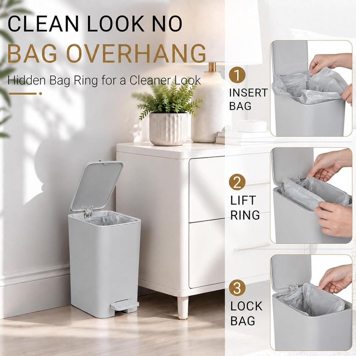 Small Bathroom Trash Can with Lid, Slim Garbage Can, 2.1 Gallon, Gray