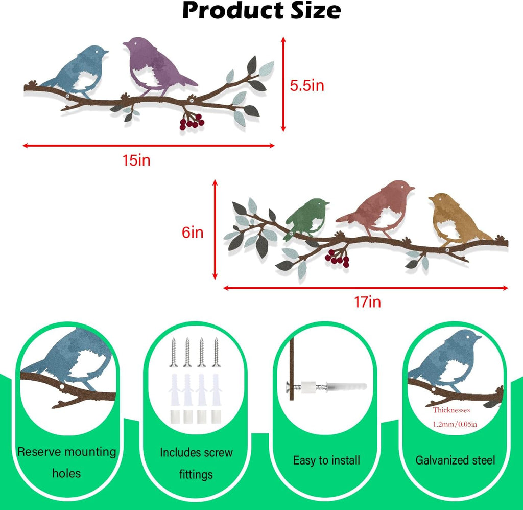 Harikikochuu 2 Pcs Metal Birds Wall Art Decor Robin Bird on the Branch Silhouette Art Metal Decorative Birds Hanging Wall Sculpture for Outdoor Balcony Garden Porch Décor(Colorful)