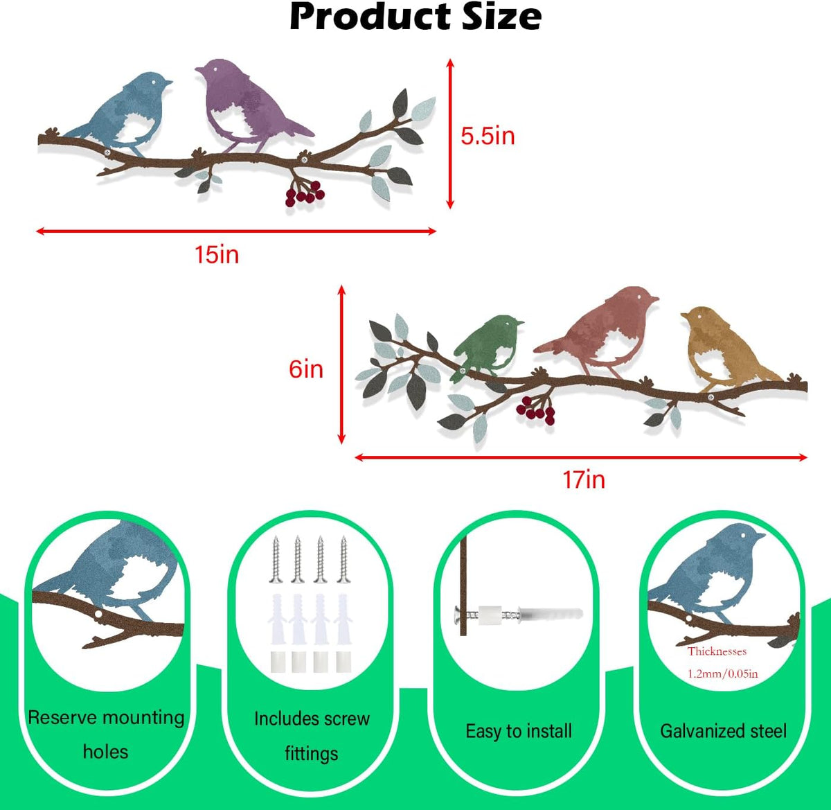 Harikikochuu 2 Pcs Metal Birds Wall Art Decor Robin Bird on the Branch Silhouette Art Metal Decorative Birds Hanging Wall Sculpture for Outdoor Balcony Garden Porch Décor(Colorful)