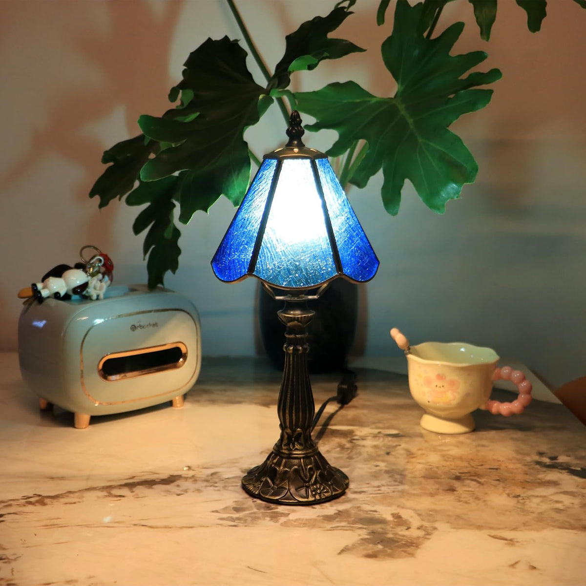 Tiffany Style Table Lamp Blue Rippled Stained Glass Lamp 14 Inch