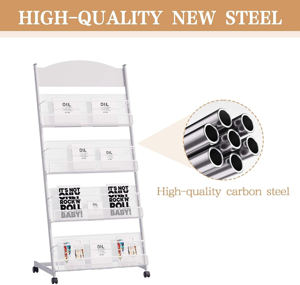 lesolar Floor-Standing Magazine Rack, 4-tier Newspaper Holder with Wheels
