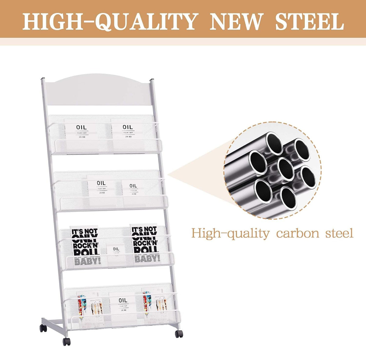 lesolar Floor-Standing Magazine Rack, 4-tier Newspaper Holder with Wheels