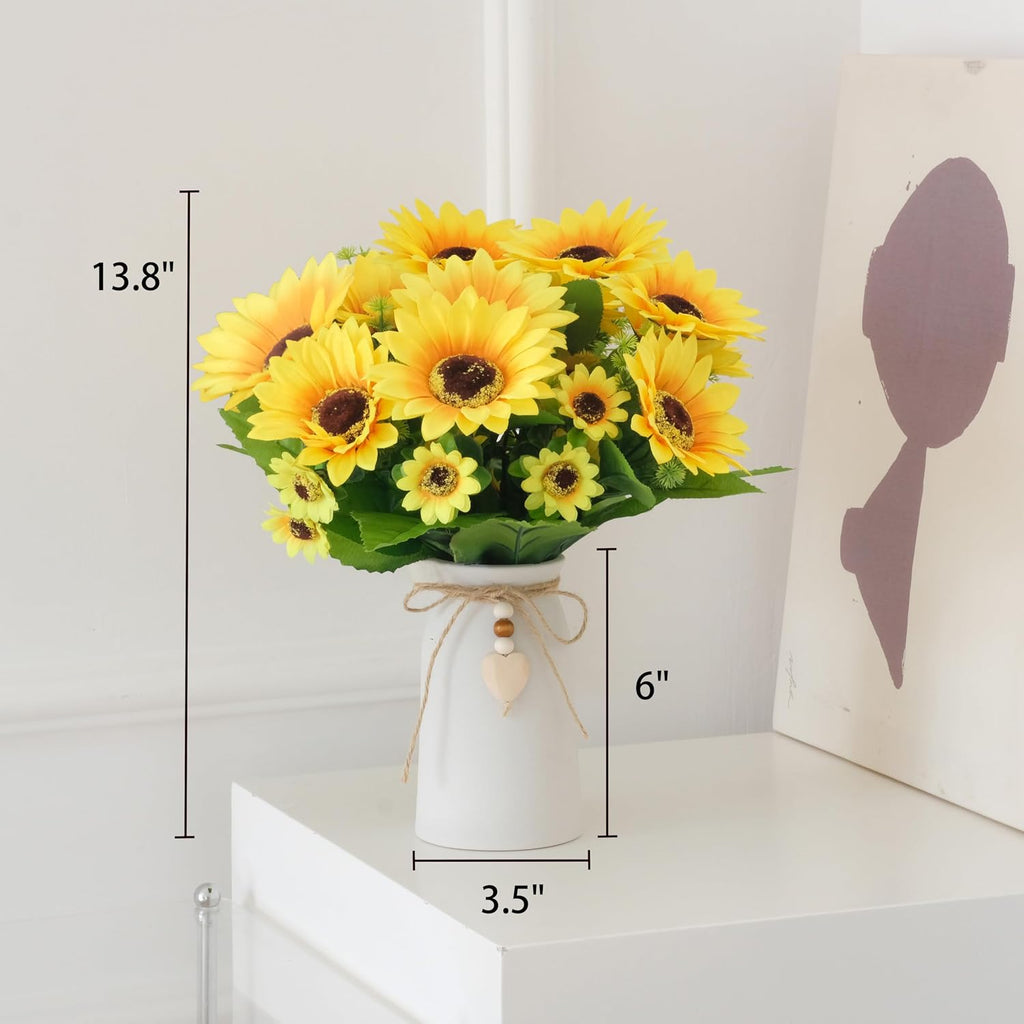 Artificial Sunflower Arrangement in Cream Vase, Silk Fake Flowers in Vase with Jute Rope & Heart Charm, Table Centerpieces for Dining Room, Kitchen and Table Décor