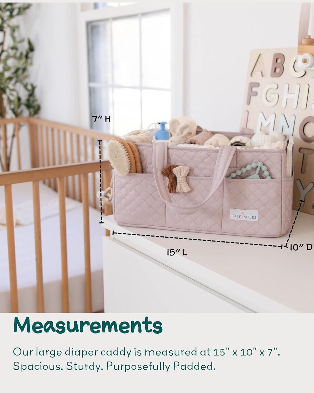 Lily Miles Baby Diaper Caddy Organizer, Quilted Nursery Storage Organizer for Newborn Essentials and Diaper Changing Station, Gift for Baby Shower and Registry Must-Have (Rosy Lilac)