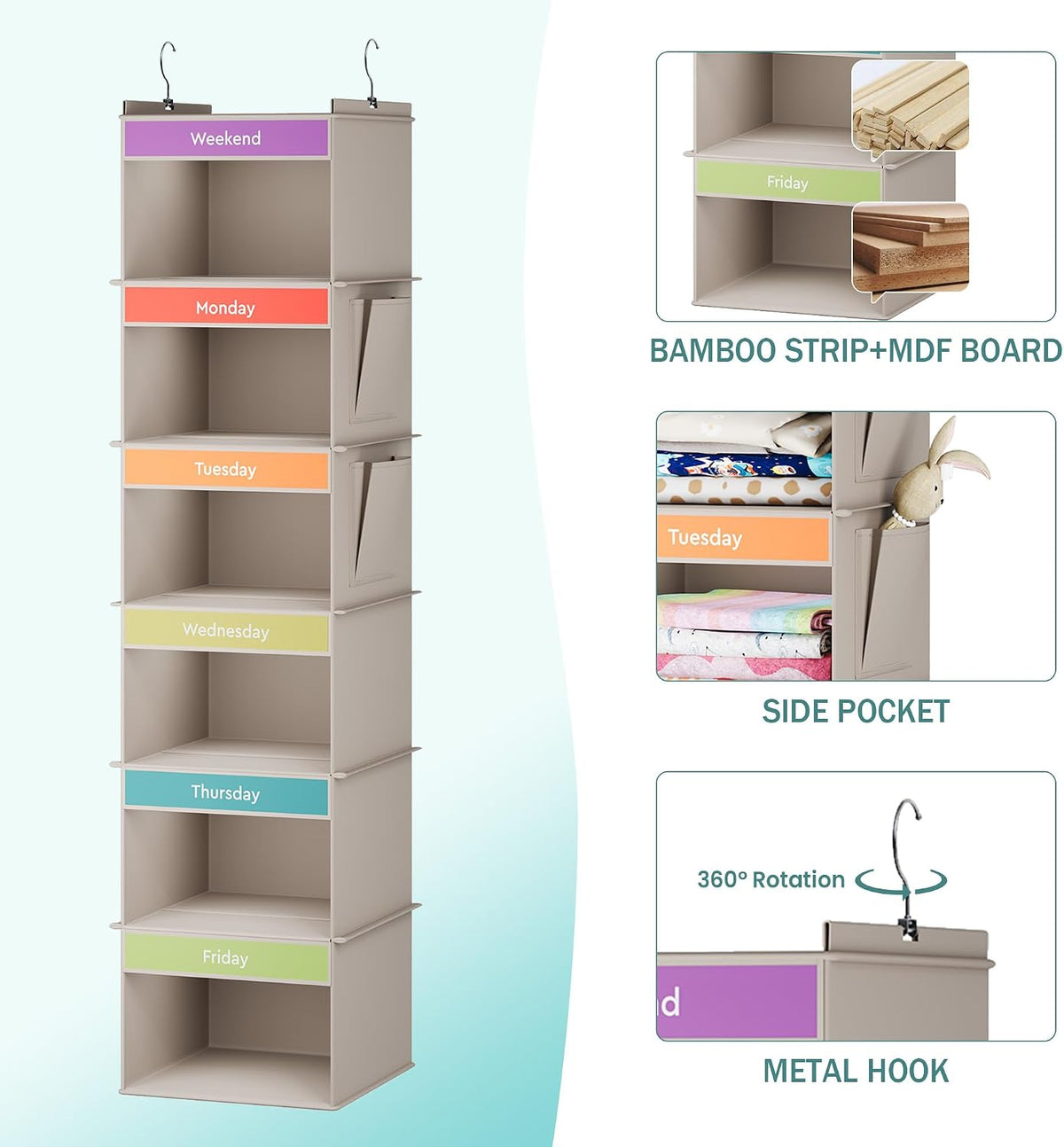 YOUDENOVA Weekly Clothes Organizer for Kids, Hanging Closet Organizer, Grey