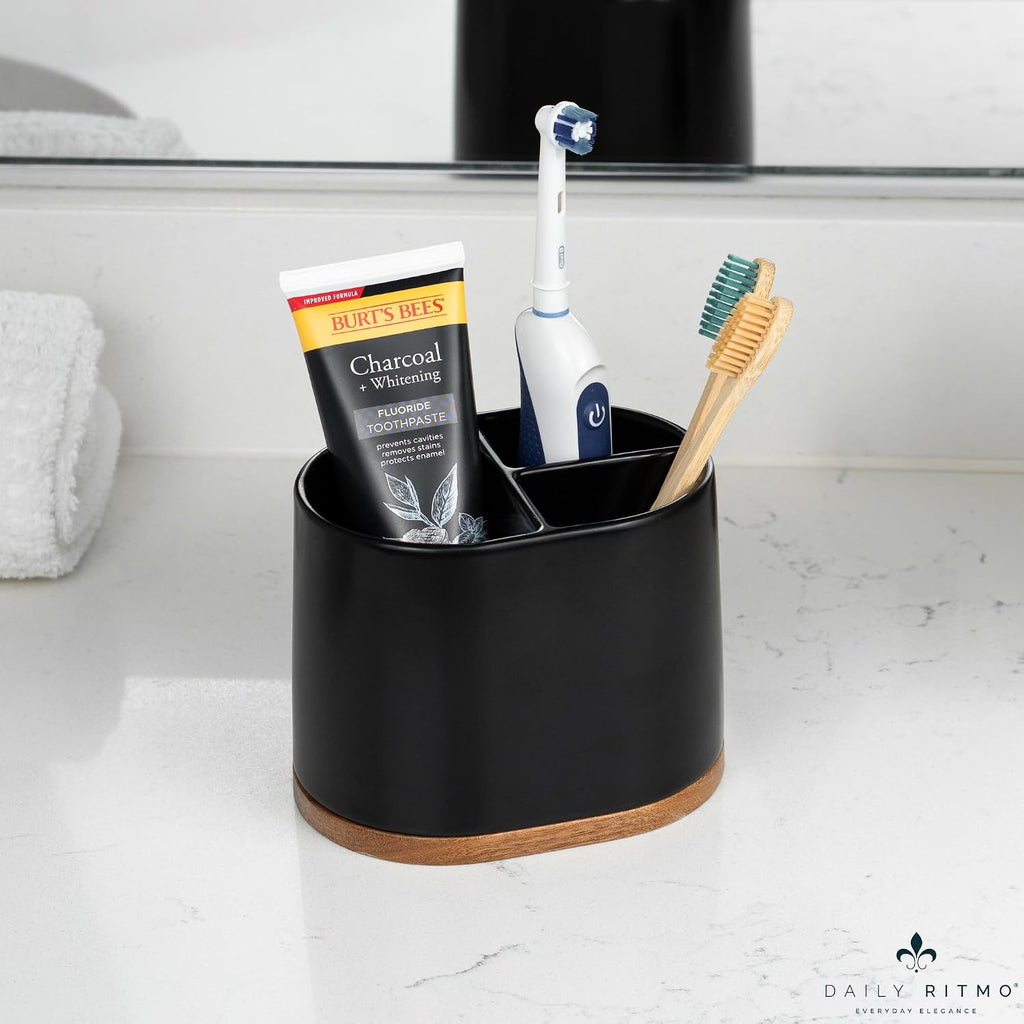 DAILY RITMO® Large Black Toothbrush Holder for Bathrooms with Bamboo Base | Modern 3 Slots Compartment White Ceramic Marble Like Toothpaste Cup for Electric and Kids Tooth Brushes