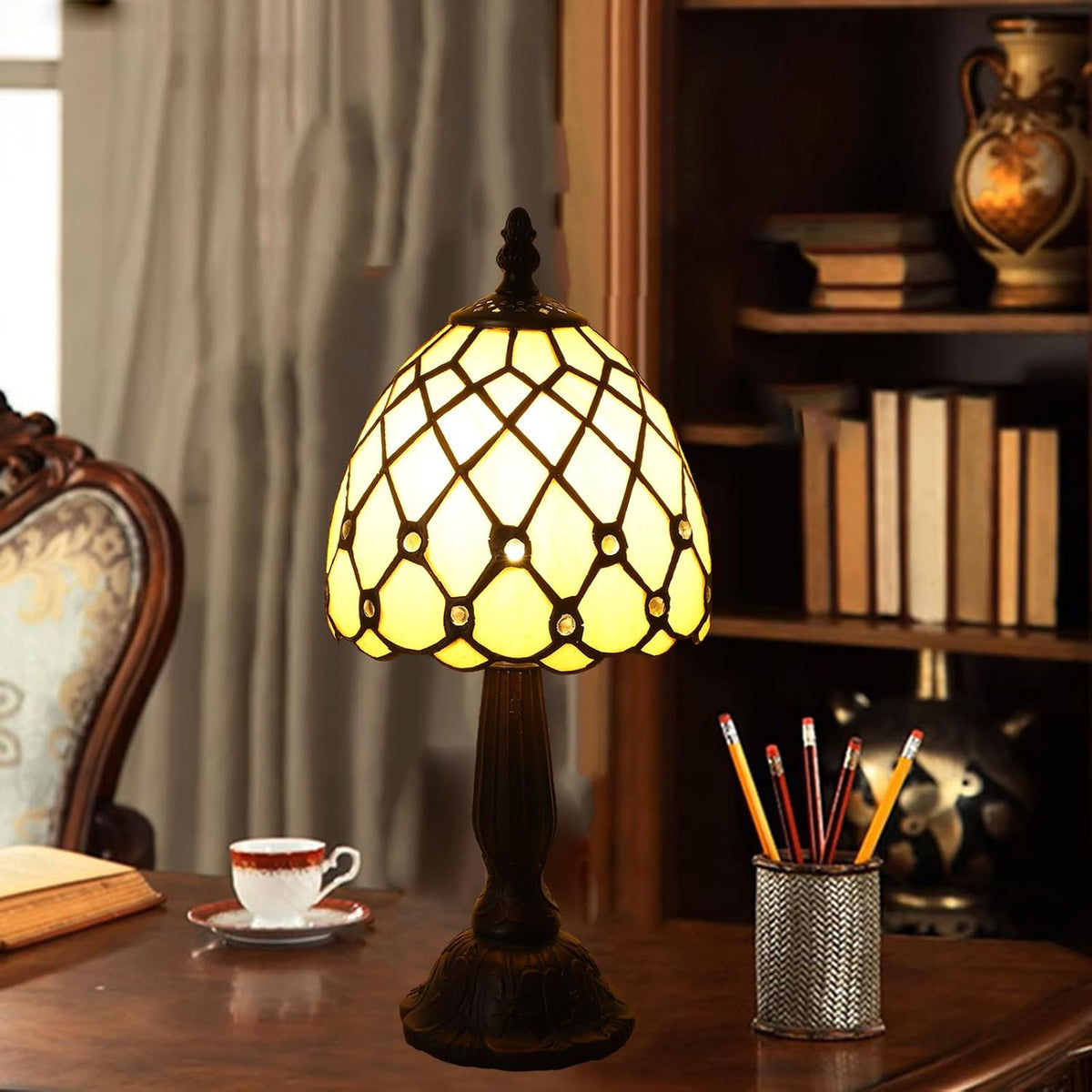 Small Tiffany Style Table Lamp,3 Color Temperature Beads Light Gold Stained Glass Table Lamps for Living Dining Room,Bedroom,Bedside Nightstand Night Light+LED E12 Bulb,6X6X13Inch