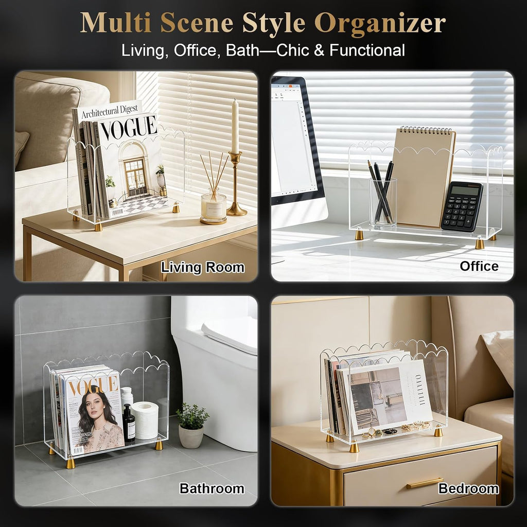 Acrylic Magazine Holder,Magazine Rack Floor,Crystal Clear Stylish Organizer with Luxe Gold Metal Feet and Wave Edge Design Space Saving Storage for Books Newspapers Office Supplies,Home Office