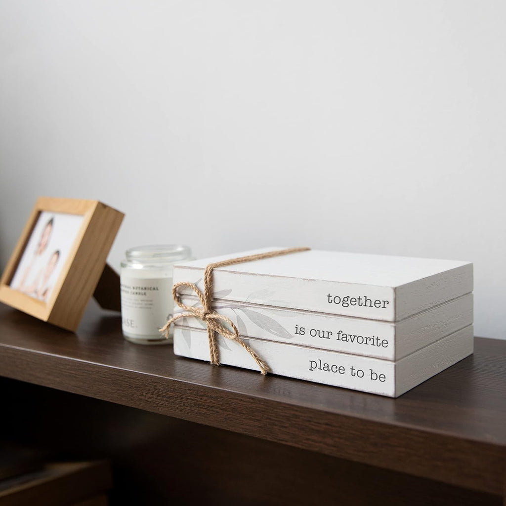 GENMOUS 4pcs White Decorative Books Set for Home Decor, Stacked Wood Books with Wood Beads for Living Room, White Faux Books for Display, Shelf Decor, Mantel Decor, Farmhouse Décor (Together)