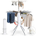 Clothes Drying Rack Foldable with Rolling Wheels, Portable Laundry Drying Rack with 16 Aluminum Arms, Stable 4-Leg Base, 360° Rotating Design for Indoor Outdoor (Double-Tier with Shoe Rack)