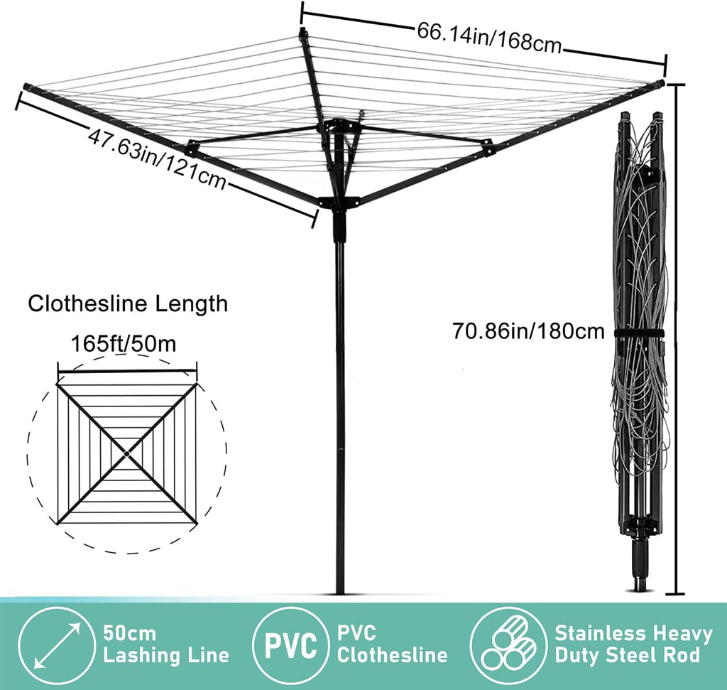 Nisorpa Outdoor Umbrella Drying Rack,12 Lines with 165 Feet Umbrella Clothesline Outdoor Dryer Clothes Line, 4 Arm Steel Frame Adjustable Height Retracting Collapsible Clothes Drying Rack for Backyard