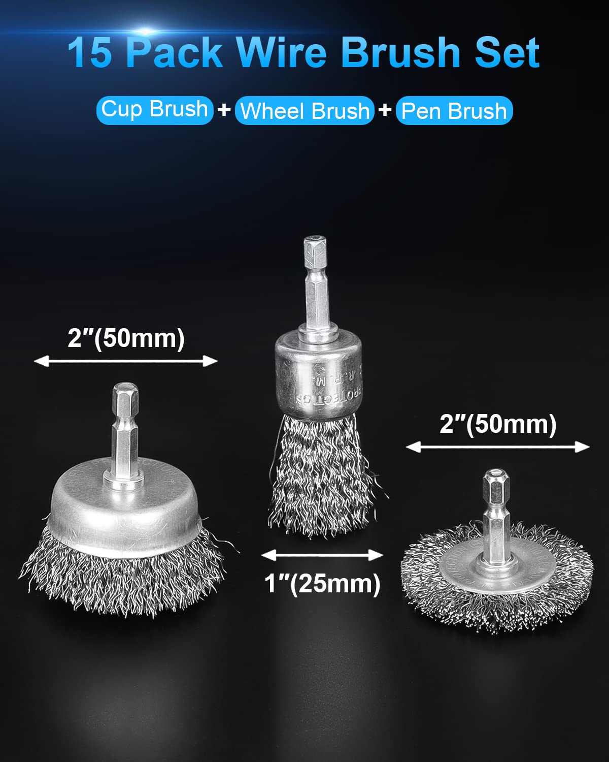 15 Pack Carbon Steel Wire Wheel Brush, Rocaris Cup Brush, Pen Brush Set
