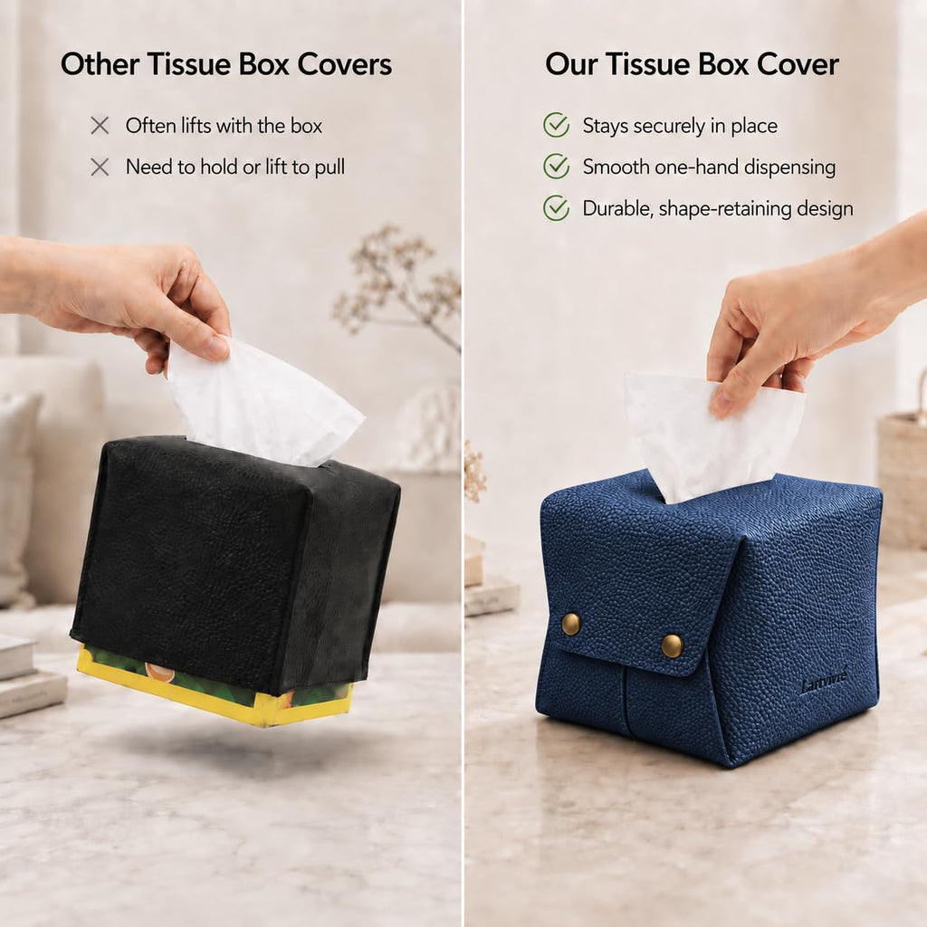 Grained Faux Leather Tissue Box Cover Square, Navy Blue