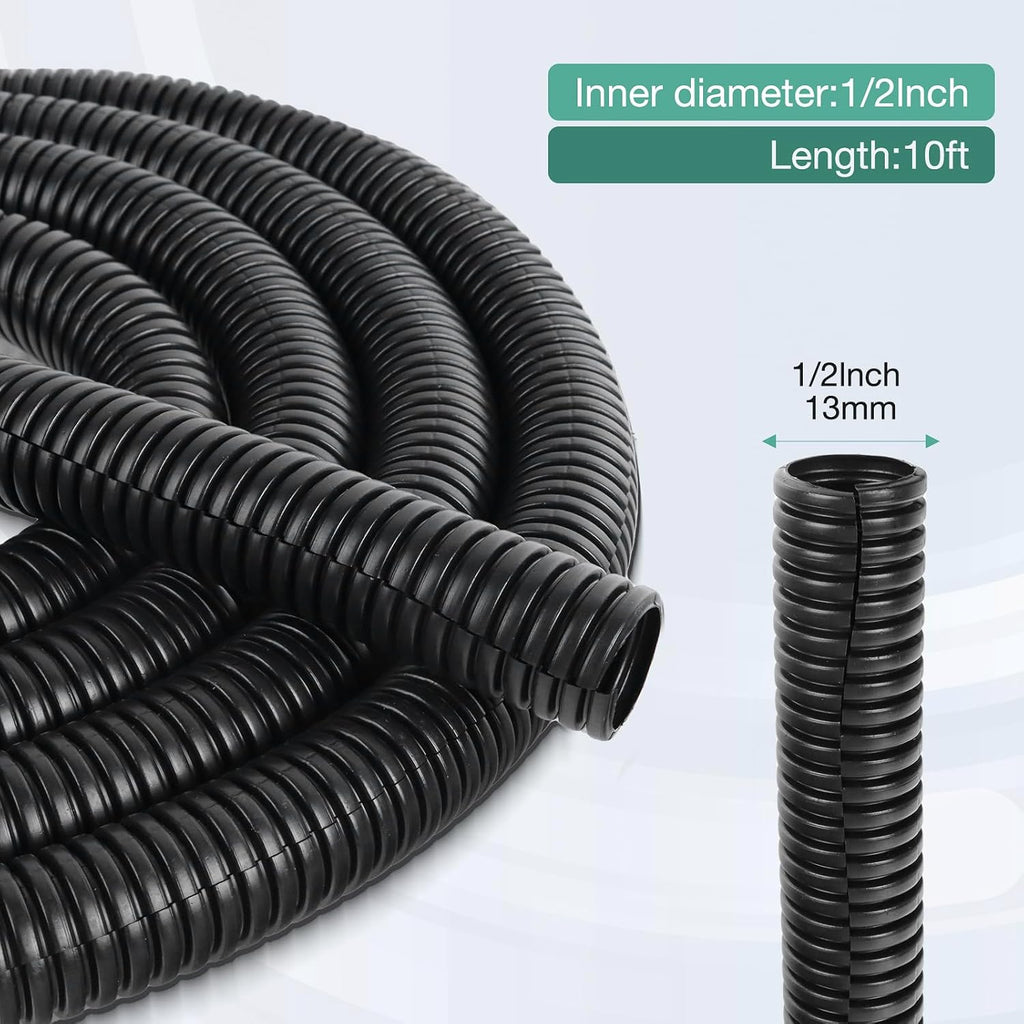 1/2 inch Split Wire Loom Tubing 10 ft Cord Protector Wires Covers Flexible Polyethylene Split Loom for Automotive, Home, Office, and Industrial Applications with Easy Installation Tool Black
