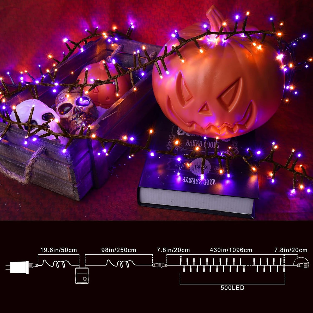 LAMPHOME 500 LED String Lights Outdoor, 16 Modes Plug in Twinkle Fairy Lights for Bedroom, 46ft 500LED Halloween Lights Cluster Lights Outdoor Waterproof-Purple&Orange