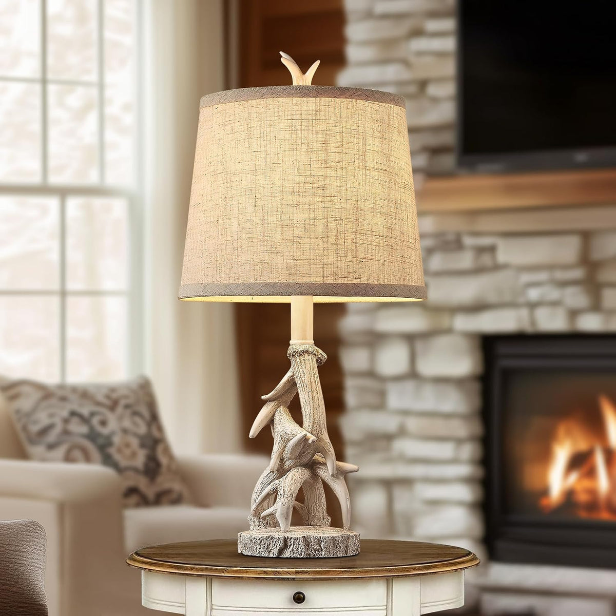 23'' Farmhouse Table Lamps for Bedroom Rustic Deer Antler Table Lamps Set of 2 Bedside Nightstand Lamp Western Log Cabin Lamp for Living Room Study Room Desk, White