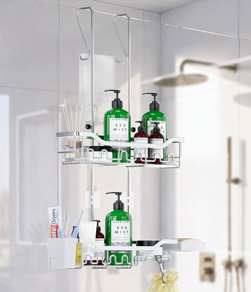 Shower Caddy Hanging Over the Door, Upgraded Extended Length Shower Organizer, Rustproof Bathroom Rack with Hooks Soap Holder, Silver