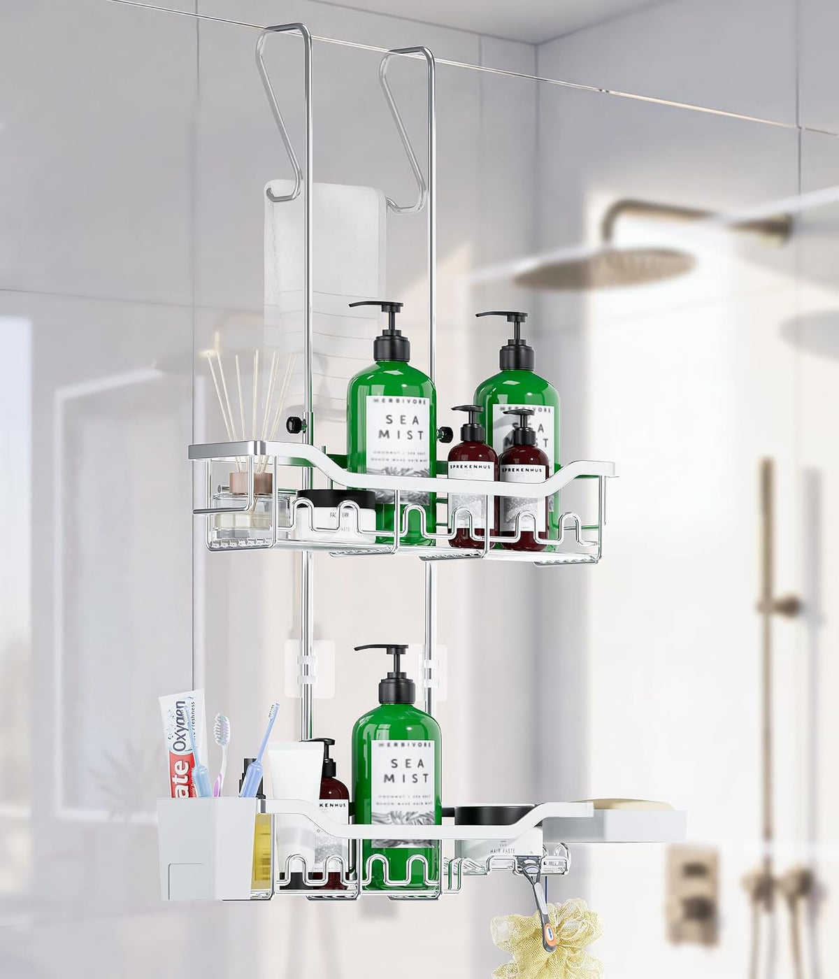 Shower Caddy Hanging Over the Door, Upgraded Extended Length Shower Organizer, Rustproof Bathroom Rack with Hooks Soap Holder, Silver
