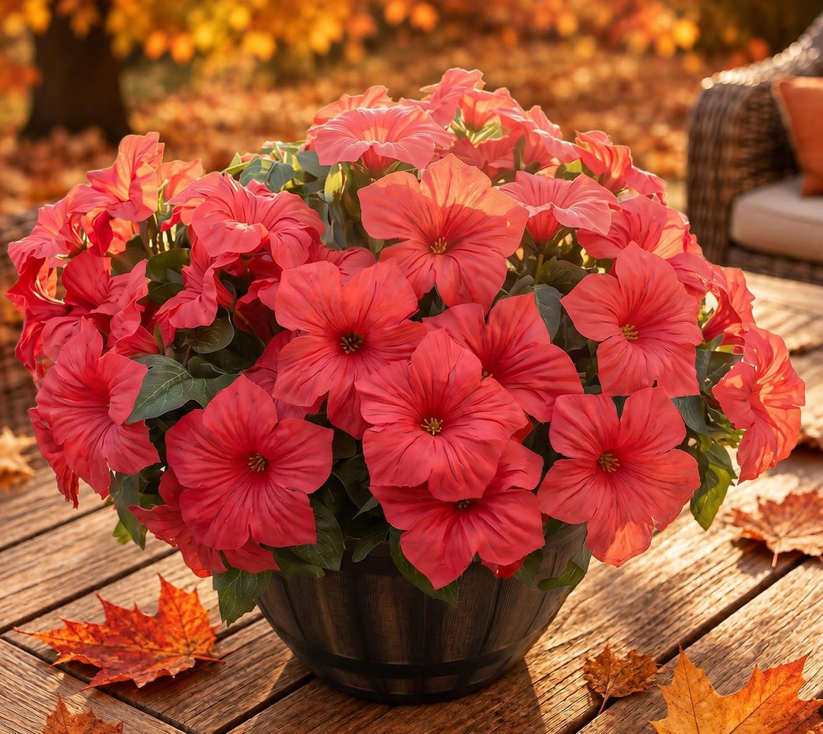 Artificial Fake Flowers Plants for Outdoor Decoration, 4PCS Faux Petunias Silk Flower UV Resistant No Fade for Home Outside Garden Balcony Yard Porch Realistic Indoor Decor (Red)