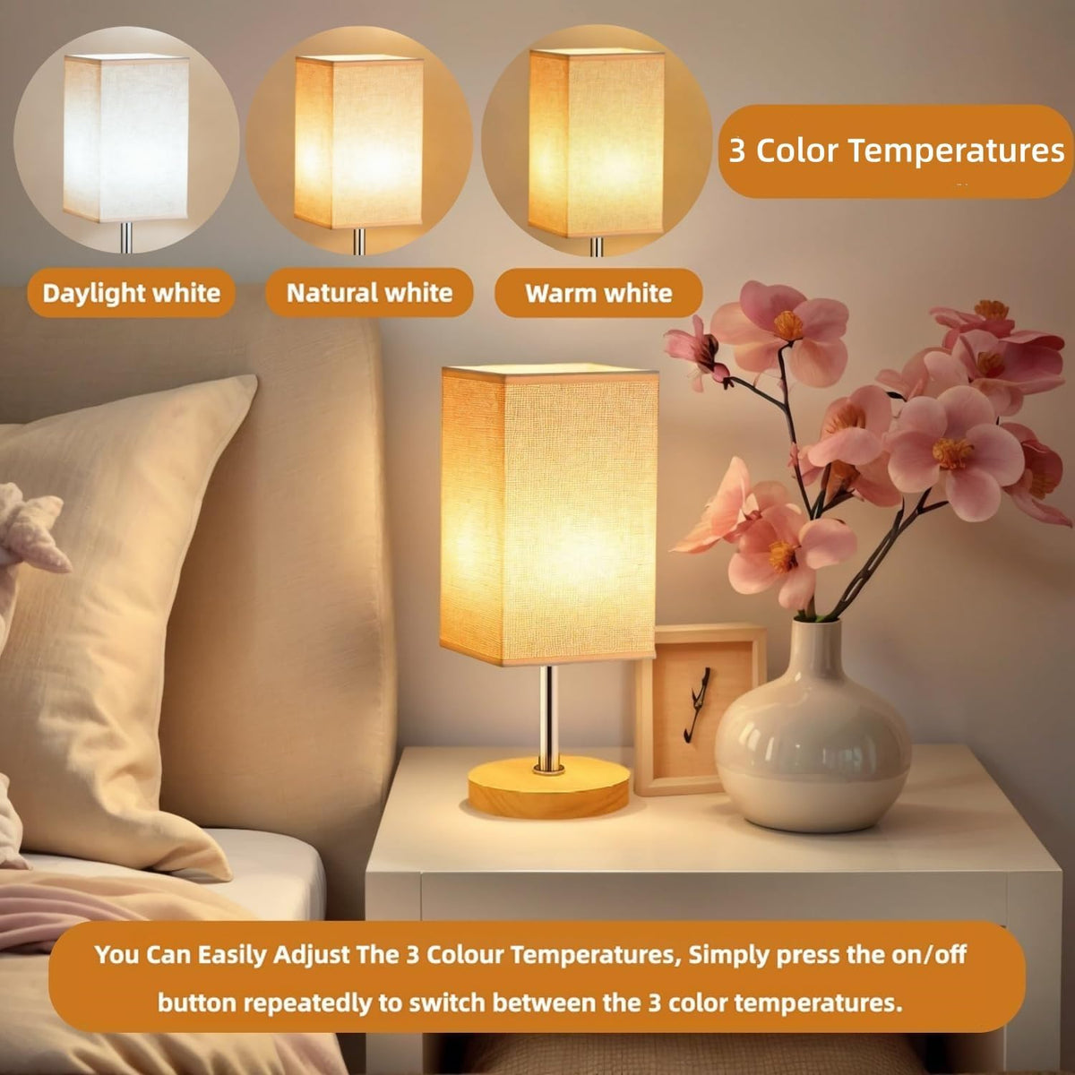 Small Table Lamp for Bedroom, Bedside Lamp with 3000K Warm LED Bulb Included, Nightstand Lamp for Living Room Office Dorm Kids Room, Easy Assemble Minimalist Cream Shade & Wood Base(5W)