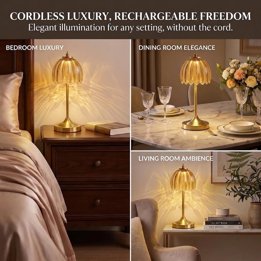 Tulip Glass Rechargeable Table Lamp, Cordless Vintage Table Light (Amber)