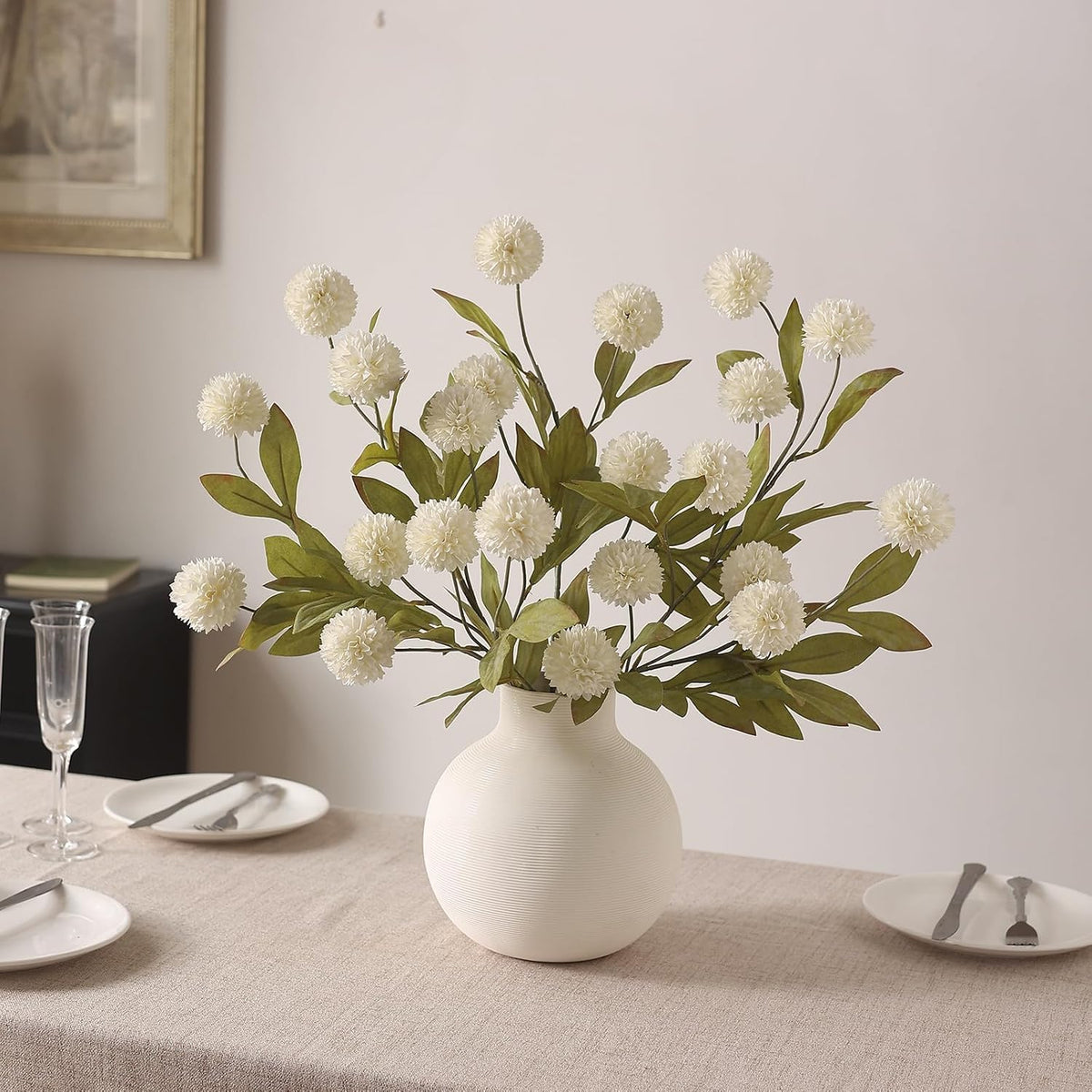 6Pcs 27"Artificial Pompon Mum Stems Silk Flowers for Vase Decor(Cream)