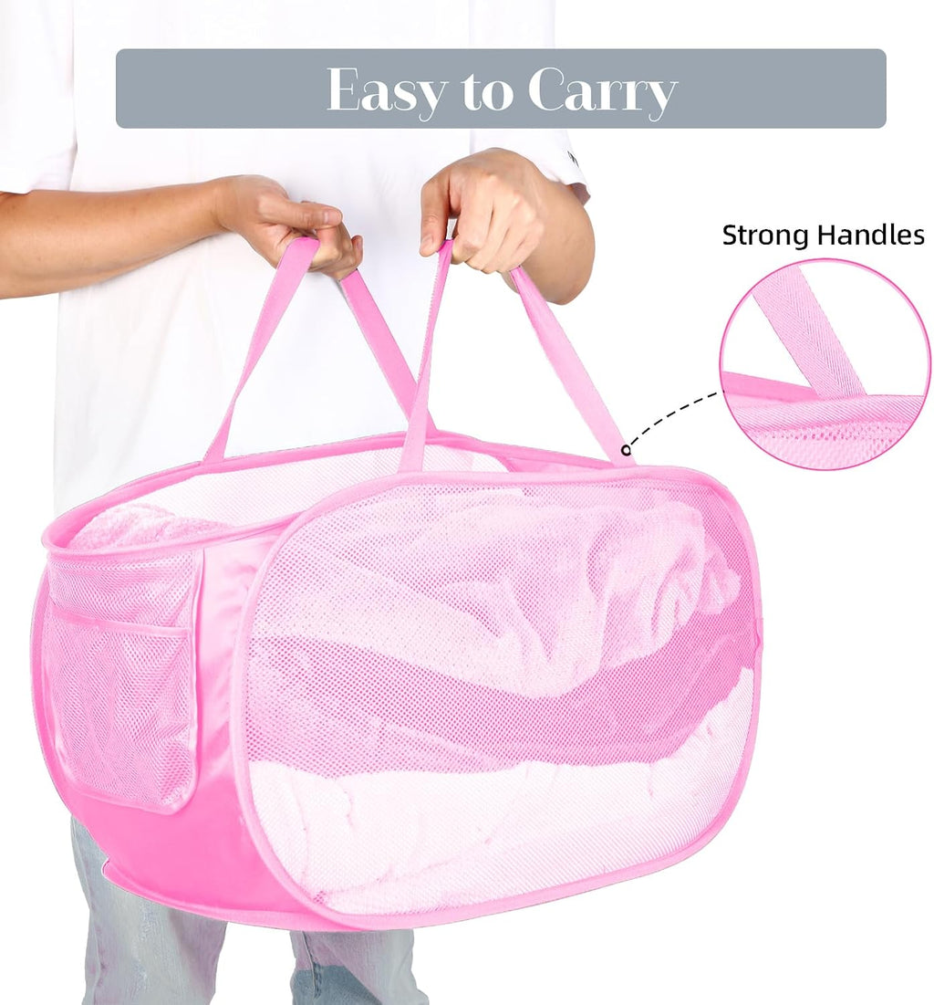 4 Pcs Durable Collapsible Laundry Baskets, Foldable Large Opening Pop Up Laundry Hamper with Pocket, Clothes Hamper with Handles for Laundry, Bathroom, Kids Room, Dorm or Travel Pink