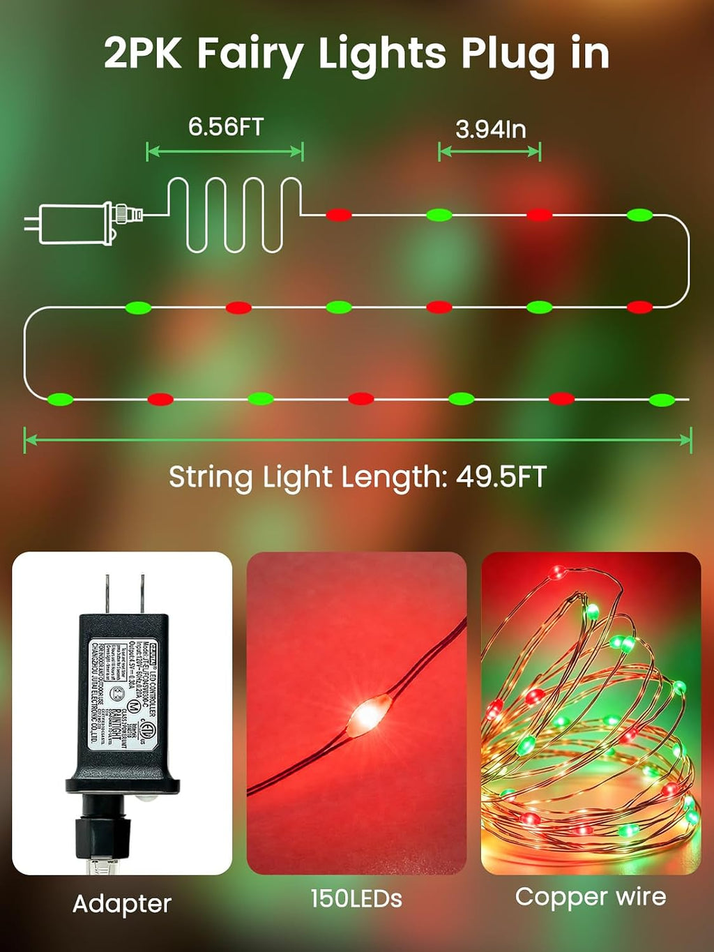 2 Pack Fairy Lights Plug in 99 FT 300 LED Christmas String lights Red Green