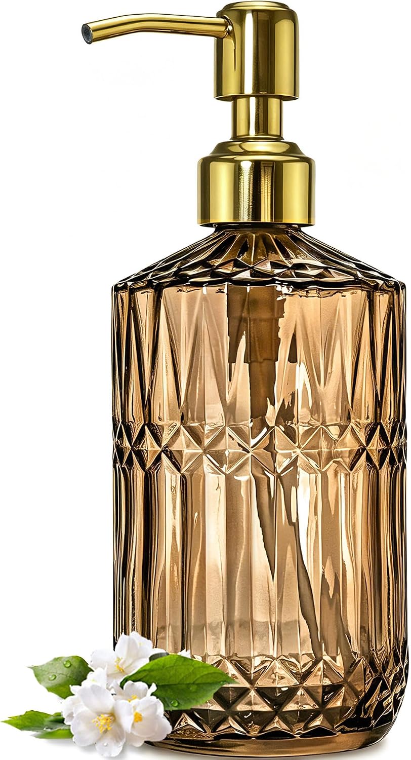 JASAI 18Oz Amber Glass Soap Dispenser with Gold RustProof Pump for Bathroom