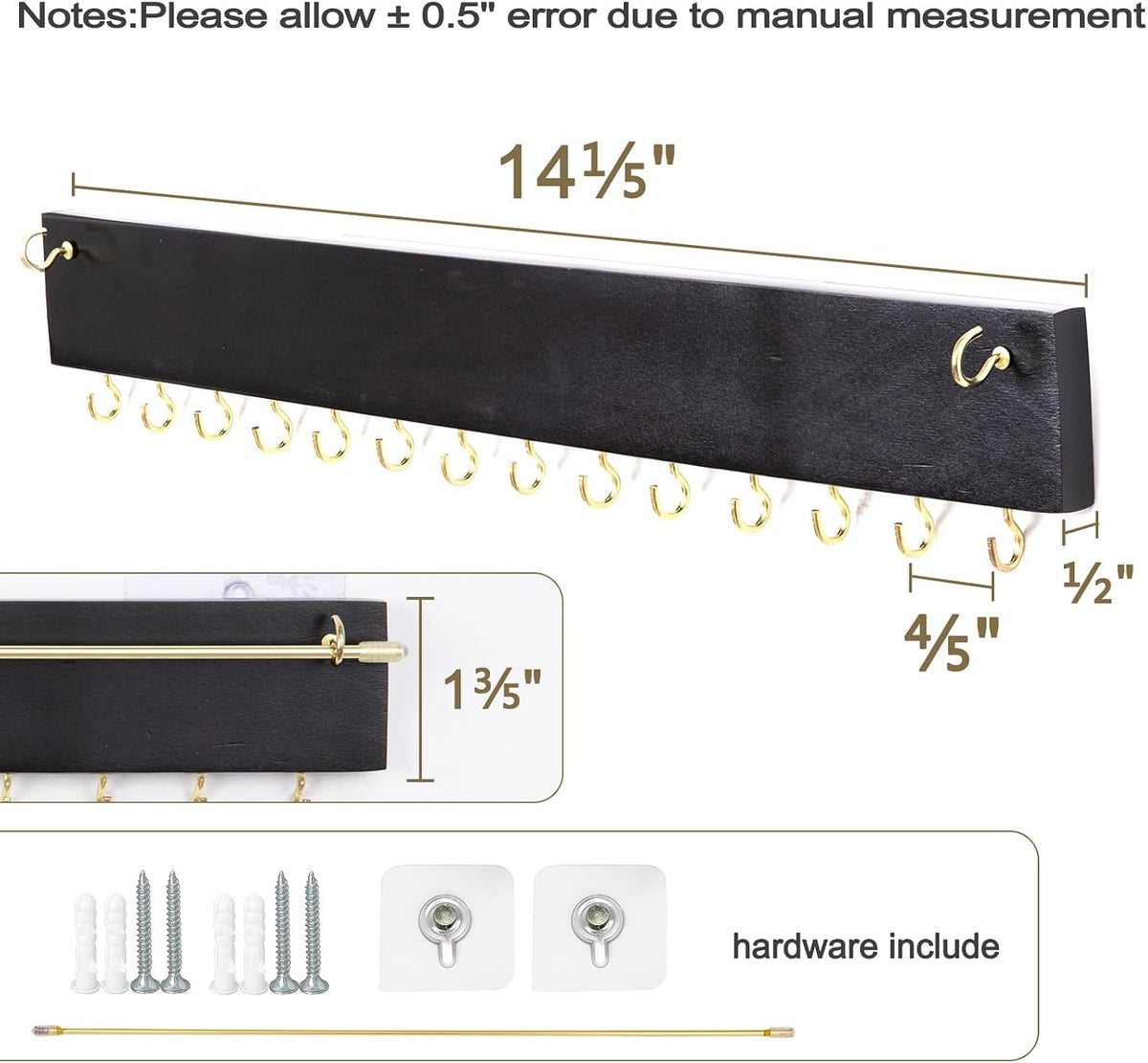 Wall Jewelry Holder Organizer, Adhesive Necklace Organizer Wall Mount, Space Saving Jewelry Rack with 14 Hooks and Holder, Wooden Display Shelf for Necklace, Earing, Ring, Bracelet(Black)