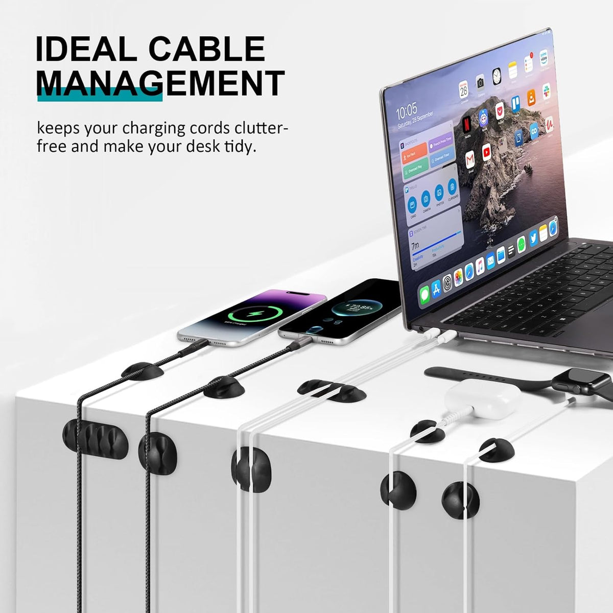 16Pack Black Desk Cable Management, Adjustable Cord Organizer Clips