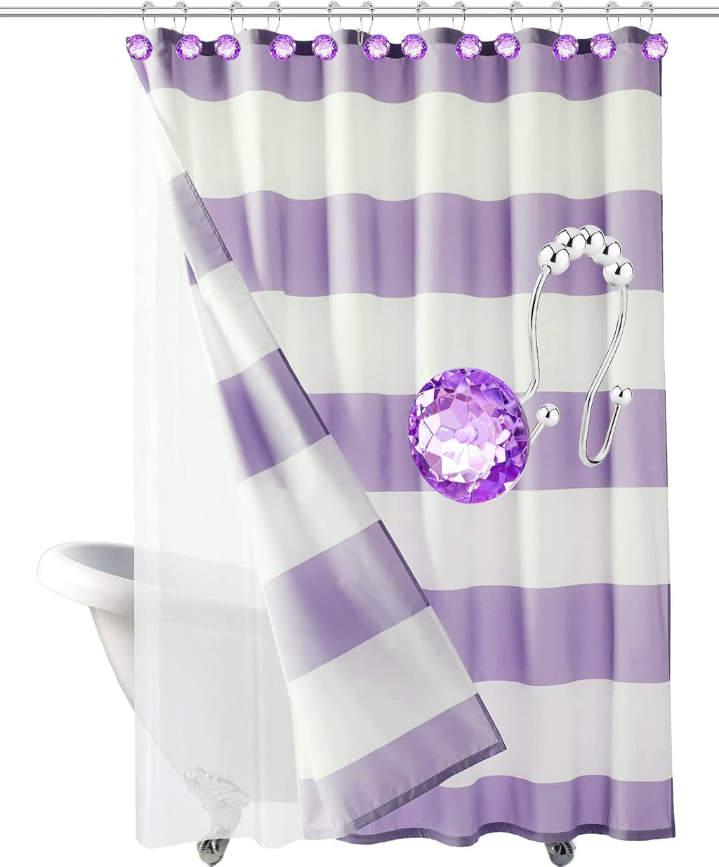 Shower Curtain Hooks Rings for Bathroom, 12PCS Double Hooks Glide Anti Rust Crystal Rhinestones Shower Curtain Rings Hangers for Shower Curtains, Clothing, Towels, etc. (Purple)