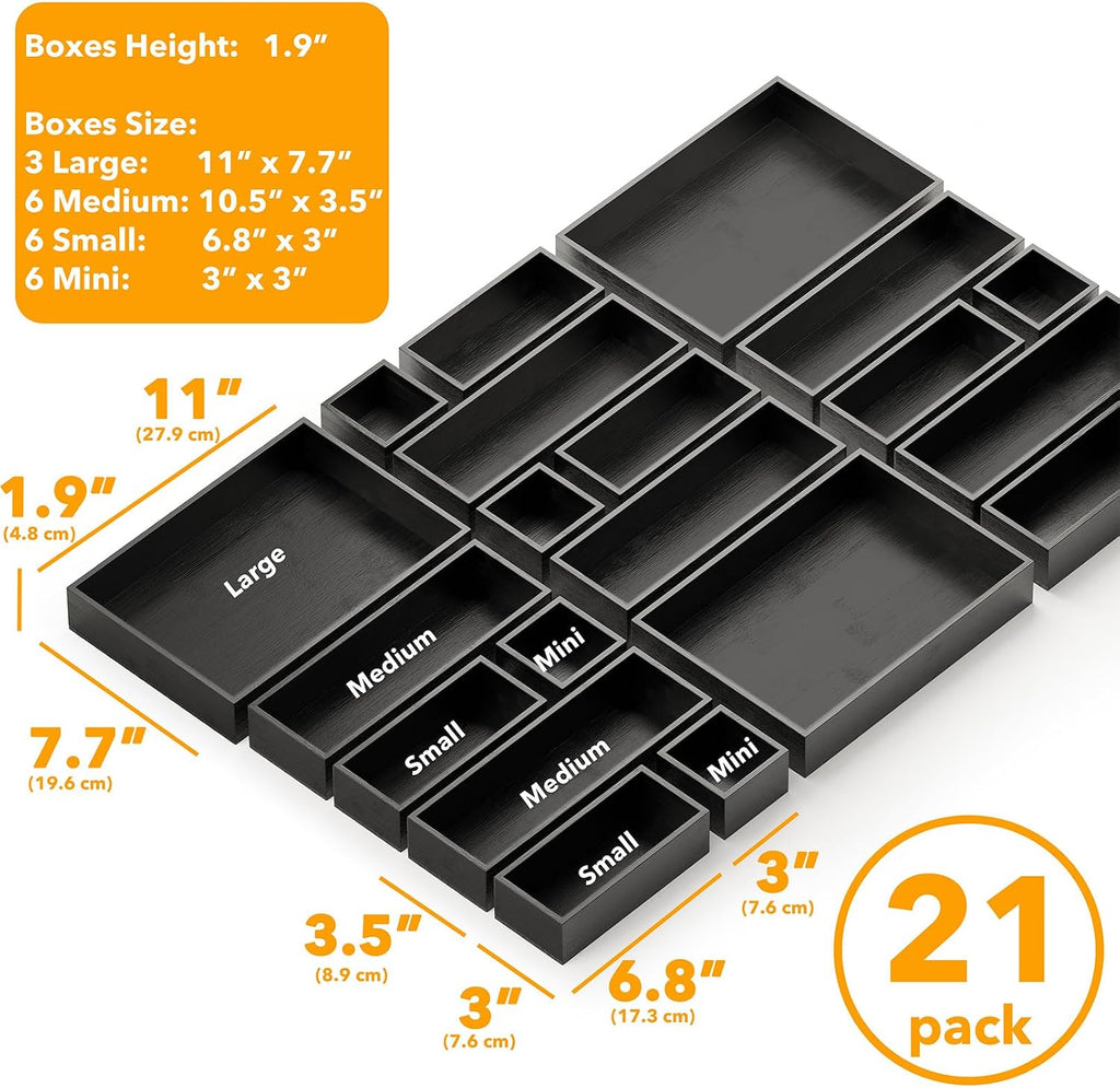 SpaceAid 21-Piece Bamboo Drawer Organizer Storage Boxes Set, Wood Tray Junk Drawer Organizers Multi-Use Divider Bins for Kitchen, Bathroom, Office Desk and Makeup Organization (21 Pack, Black)
