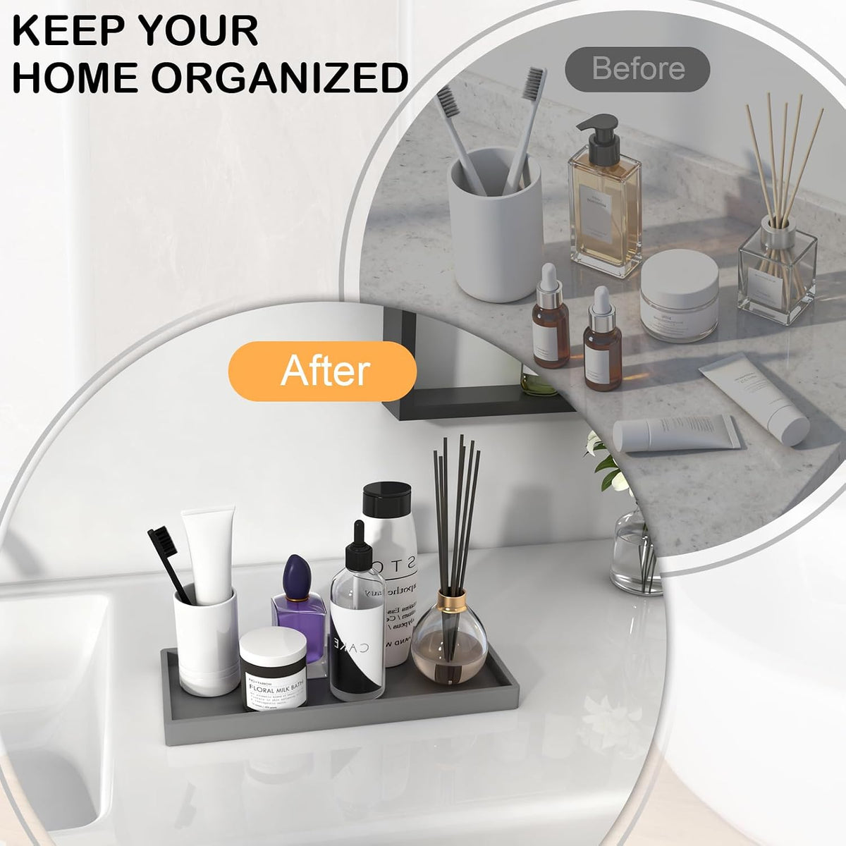 Bathroom Vanity Tray, Silicone 11.8 x 5 Inch Bathroom Counter Tray Decor, Extra-Large Bathroom Trays Holders and Organizers for Toilet Top, Dresser, Waterproof Decorative Tray, Grey