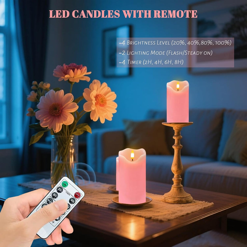 Pink Flameless Candles Set of 2, 6"x3" Pastel Candles with Remote & Timer