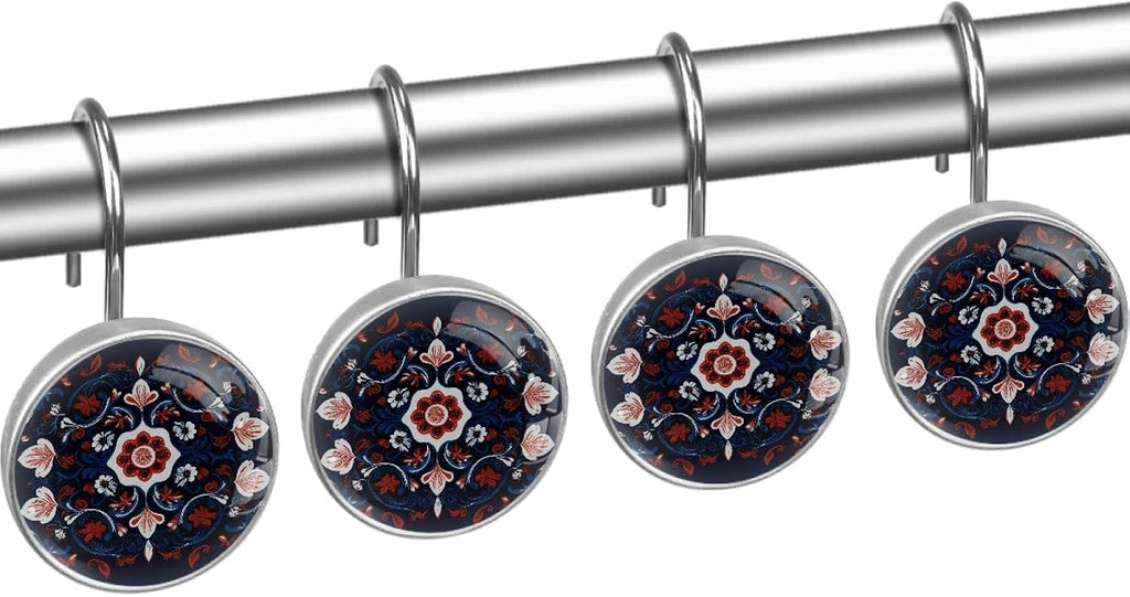12 Pcs Norwegian Folk Style Flower Shower Curtain Hooks, Decorative Shower Curtain Rings for Bathroom, Stainless Steel Rustproof Curtain Rings Hangers for Shower Curtain Rod