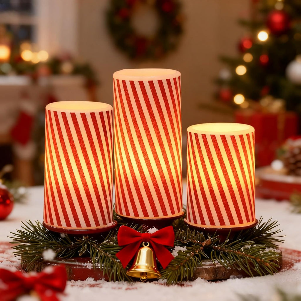 Candy Cane Christmas Flameless Candles Battery Operated with Timer