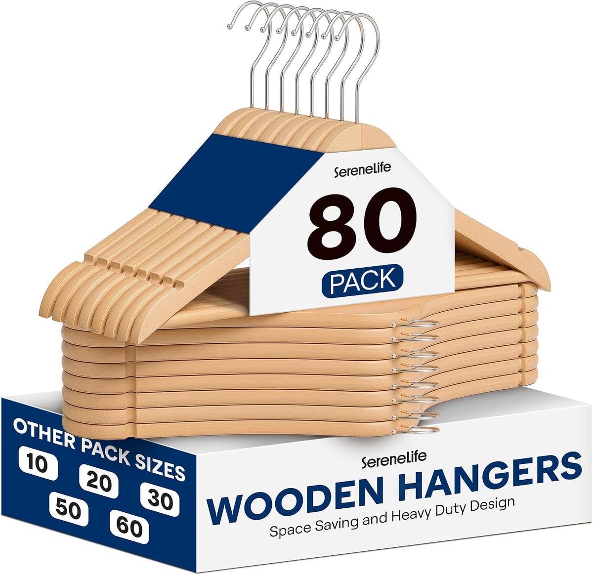 SereneLife 80 Pack Wooden Clothes Hangers | Keep Suits, Coats, Pants & Dresses Neatly Organized | Solid Wood, Pants Bar, Notches, 360° Swivel Hook, 0.47-Inch Profile, Natural Wood Grain | Natural