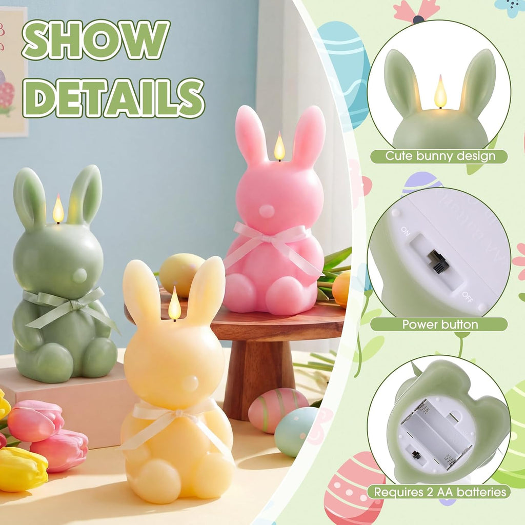 Baquler 3 Pcs Large Easter Bunny Led Flameless Candle 8 Inch Battery Operated Candles with Remote Real Wax Cute Rabbit Shape Candle with Bow 3D Flickering for Gift Home Party Decor (Yellow,Green,Pink)