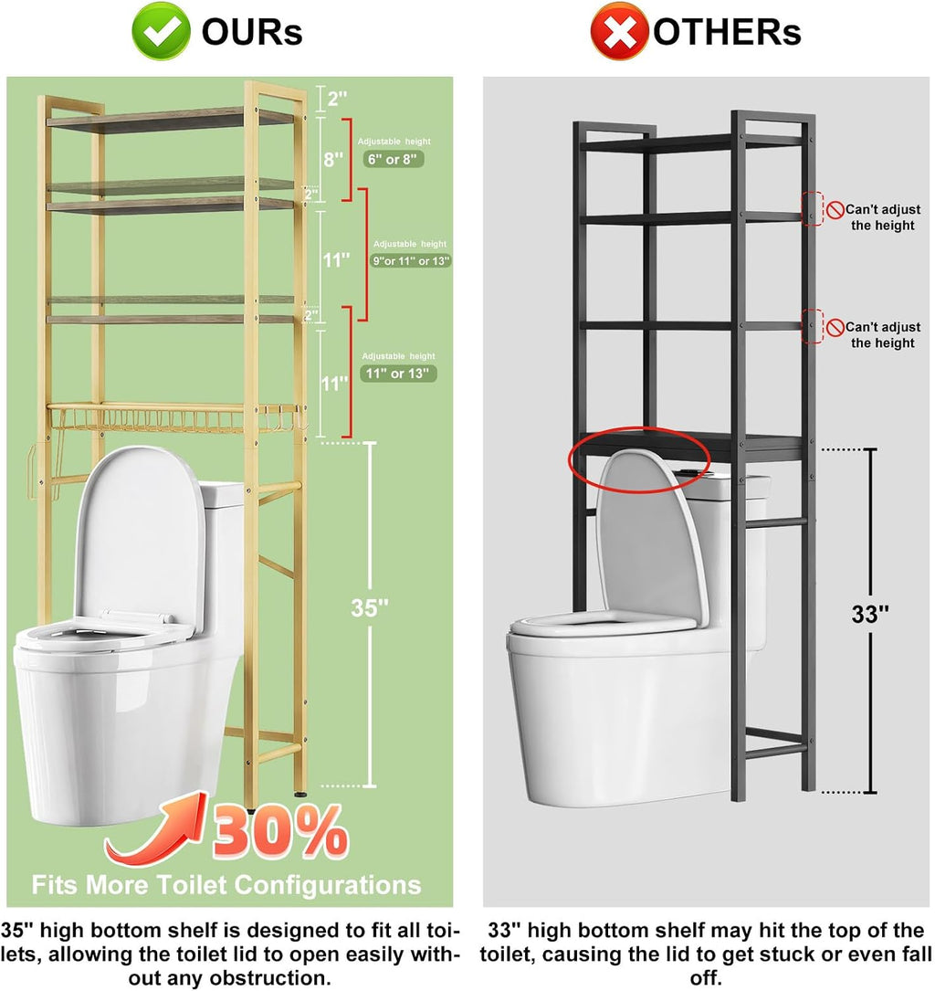Kalrin Over-The-Toilet Storage Rack, 4-Tier Bathroom Organizer Shelf Over Toilet with Adjustable Shelf and Basket, Freestanding Space Saver Bathroom Shelves Above Toilet for Room (MetalWood-Gray)