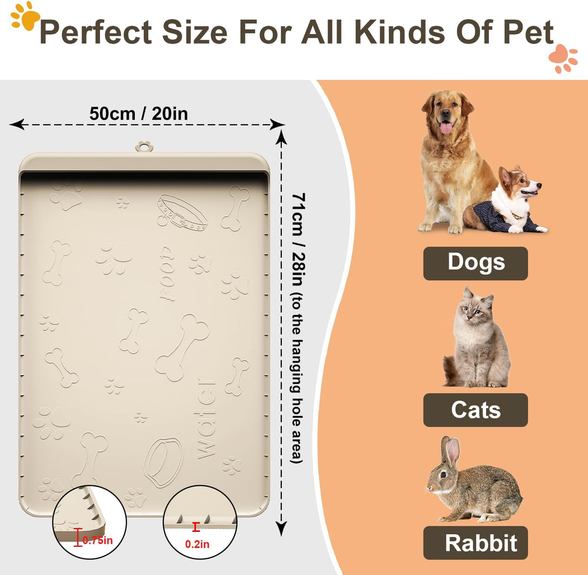 Dog Food and Water Mat 28x20 Inch Sand Color - Non-Slip Silicone Mat with High Edges & Residue Pocket - Waterproof Pet Feeding Mat for PET