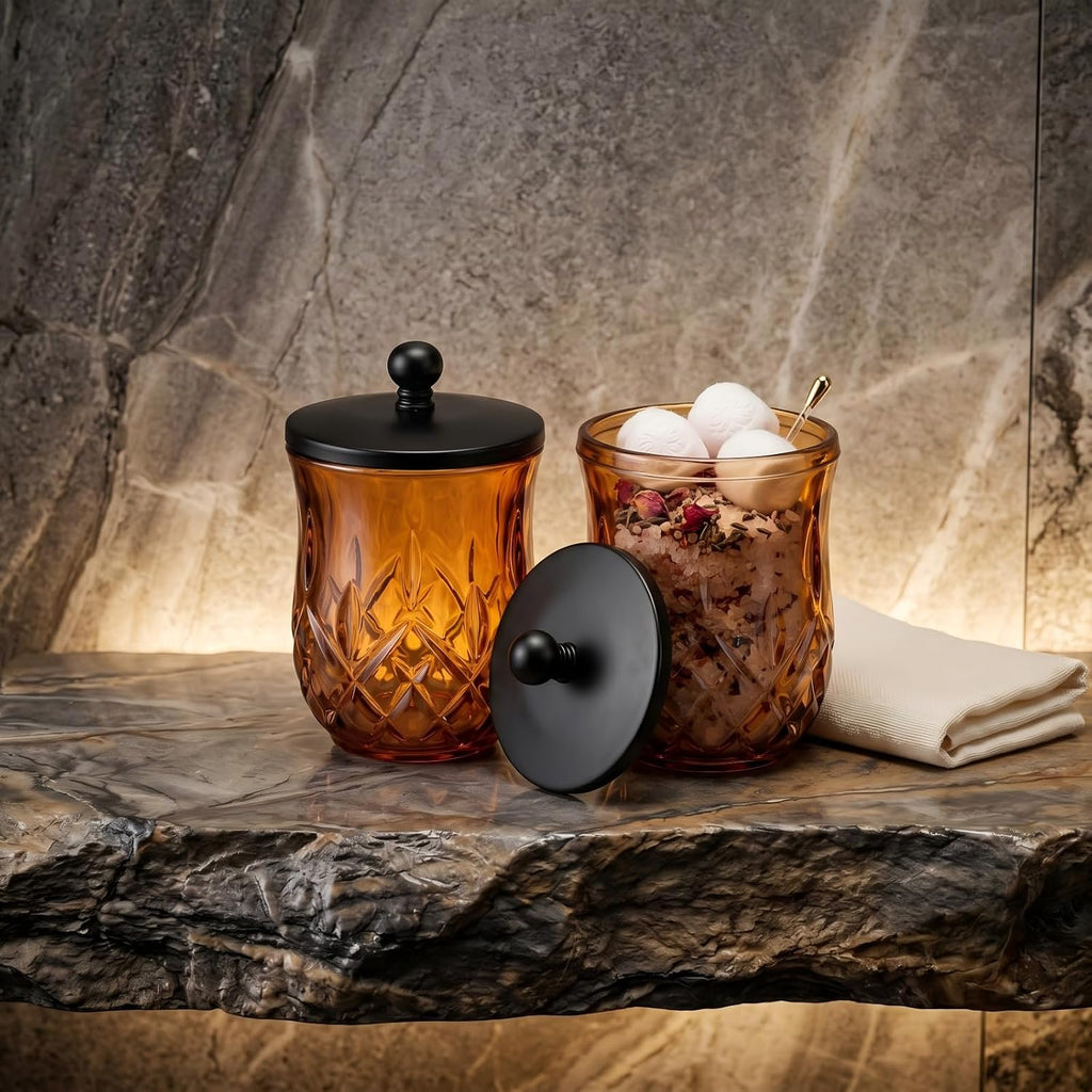2 Pack 10Oz Amber Q-Tip Holder, Round Thick Glass
